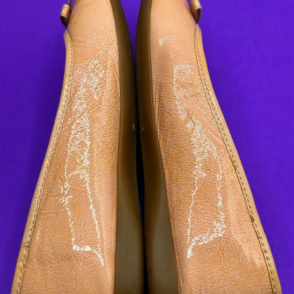 Coach Tan Leather Ballet Flats with Purple Button Detail